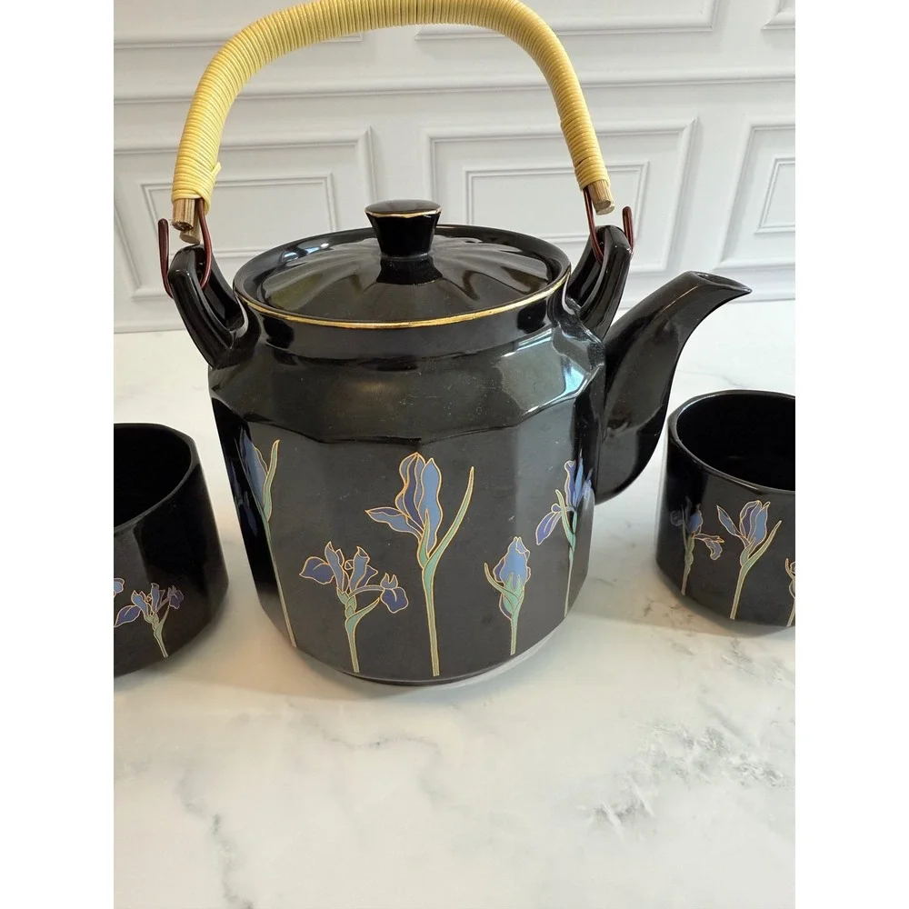 VTG Otagiri Japan Black Blue Iris Teapot‎ Rattan Handle w/4 Teacups Set